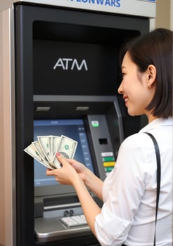 A woman is holding money in front of an atm machine photo