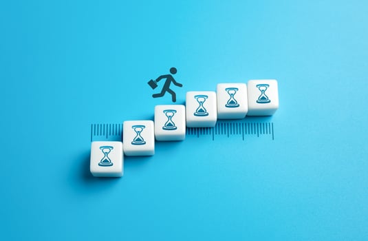 A man runs along a passing timeline. The concept of time running out. Deadlines and contract terms. Urgency, productivity challenges, and the constant struggle to balance efficiency photo