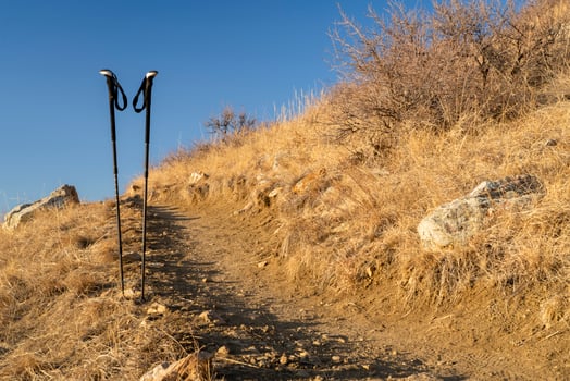 pair of trekking poles at hiking trail in northern Colorado foothills photo