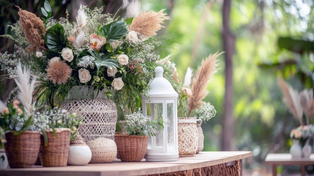 Elegant rustic floral centerpiece arrangement with lantern in outdoor setting photo
