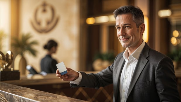 Business traveler checks in at luxury hotel reception during afternoon photo