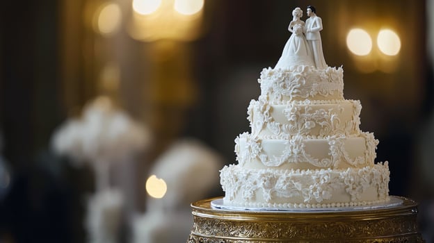 Elegant white wedding cake with bride and groom topper in a luxurious setting photo