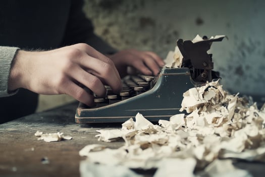A person typing on an old typewriter with paper scattered around photo