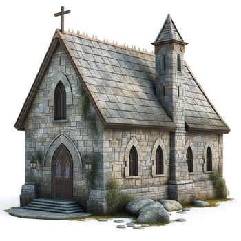 A charming stone church with a cross atop its turret, surrounded by earthy tones and natural elements. photo