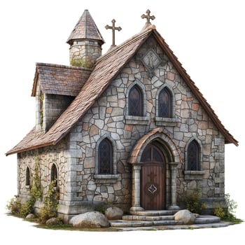 Charming stone church with a steep roof and crossed steeples, surrounded by greenery, creating a serene atmosphere. photo