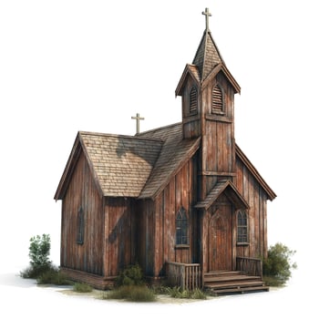 Charming rustic wooden church with two steeples surrounded by greenery. photo