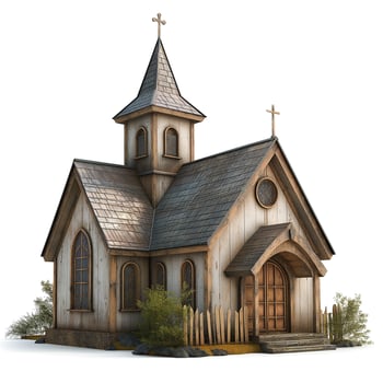 Charming wooden church with a steeple, featuring rustic architecture and a serene atmosphere. photo