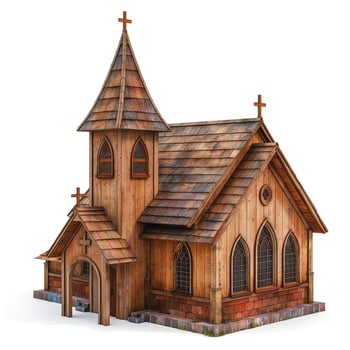 A rustic wooden church with a pointed roof and decorative cross, embodying traditional architectural charm. photo