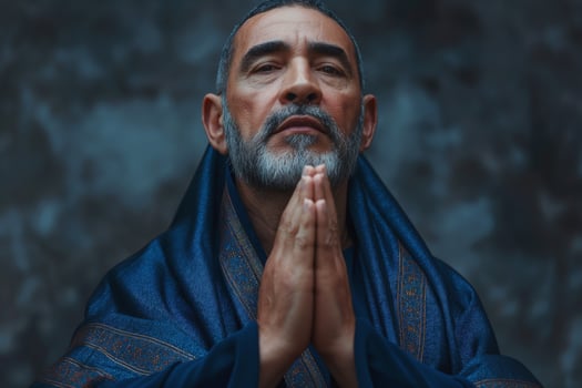 An elderly Middle-Eastern man with a gray beard, dressed in a dark shawl, prayerfully poses with his hands together. photo