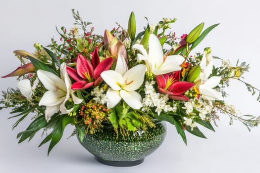 A vase filled with white lilies and red and pink flowers photo