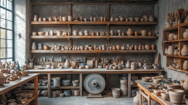 Rustic pottery studio with ceramics, wheel, and scattered clay tools photo