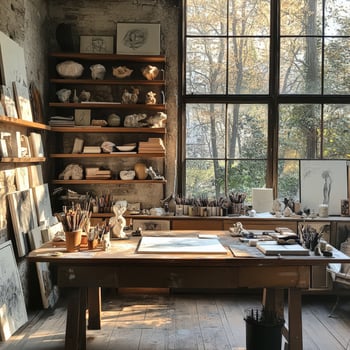 Warm artist's studio with natural light, wooden desk, and shelves photo