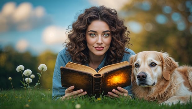 Woman reading in a park with her dog on a sunny afternoon surrounded by flowers and greenery photo