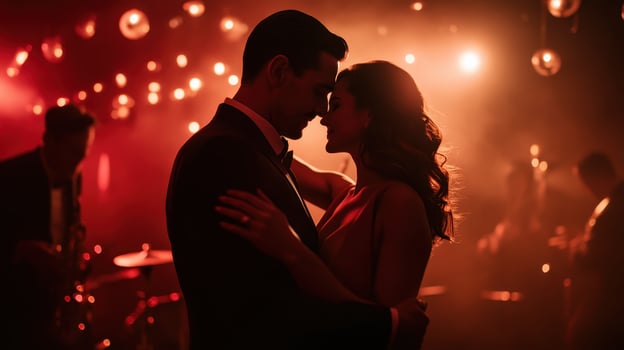 A couple shares an intimate dance under soft, romantic lights, creating a warm, enchanting atmosphere filled with love and connection. photo