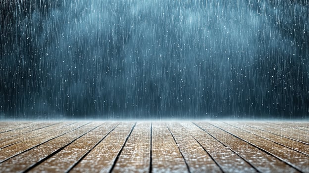 thunderstorm with motion blurred raindrops falling on wooden surface photo