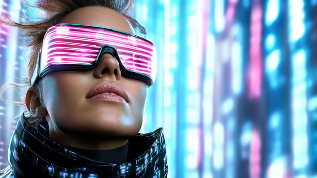 A woman wearing futuristic glasses and a futuristic outfit photo