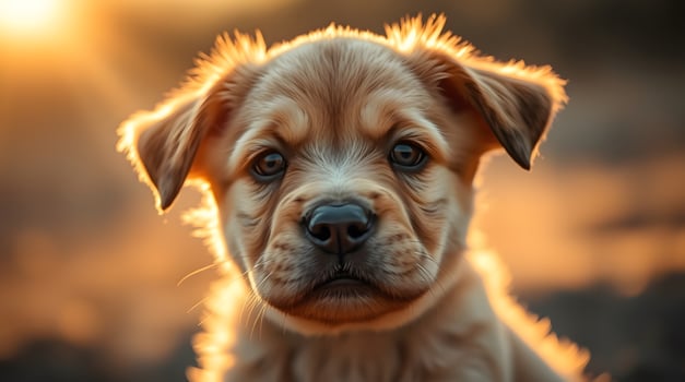Cute Puppy Portrait with Golden Sunlight Outdoors Looking at Camera photo