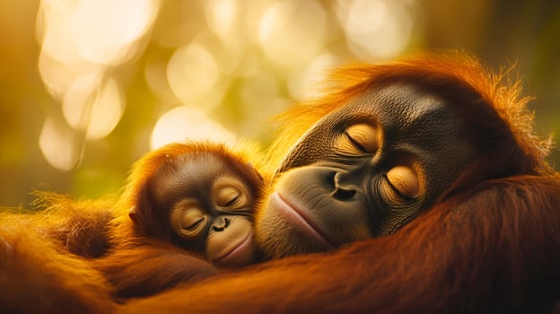 Mother orangutan embracing her baby while sleeping in the jungle photo