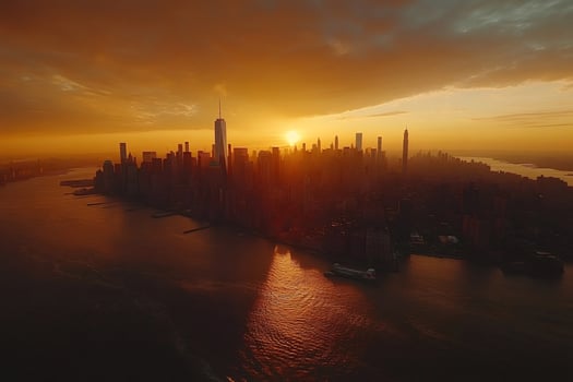 Warm sunset illuminating New York City skyline from aerial view photo