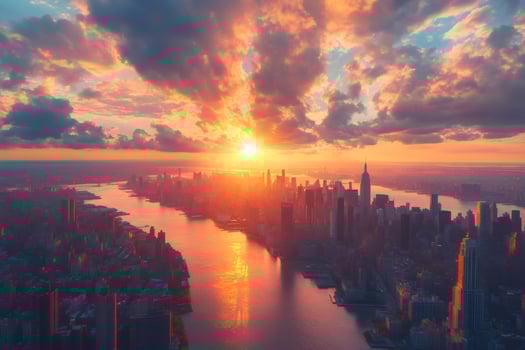 Golden sunset illuminating Manhattan skyline and East River in New York City photo