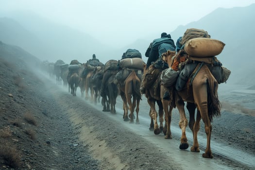 Caravan of Camels Traversing a Misty Mountain Path photo