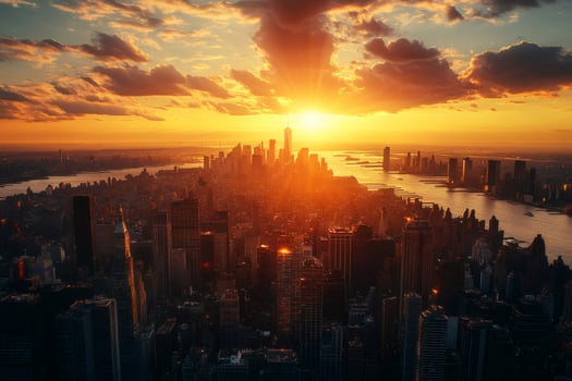 Golden sun rising over Manhattan, New York City skyline at dawn photo