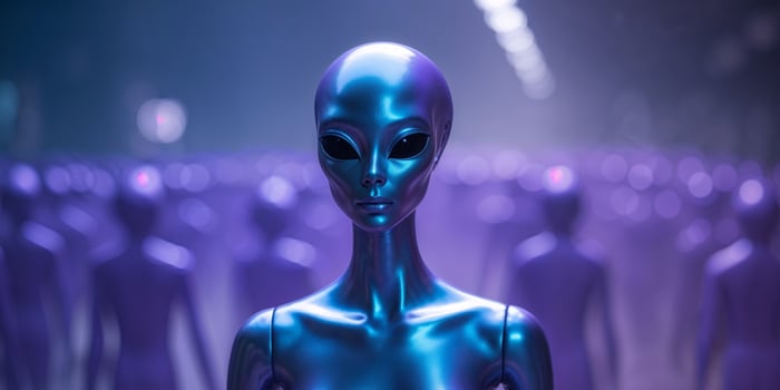 Shiny metallic blue alien mannequin glowing under blue and purple lights in a blurry purple crowd photo