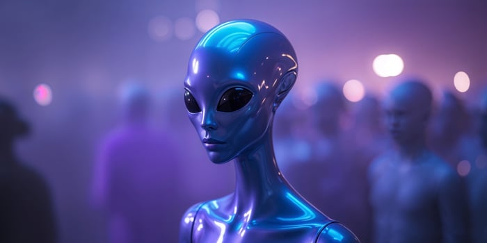 Shiny metallic blue alien mannequin glowing under blue and purple lights in a blurry purple crowd. photo