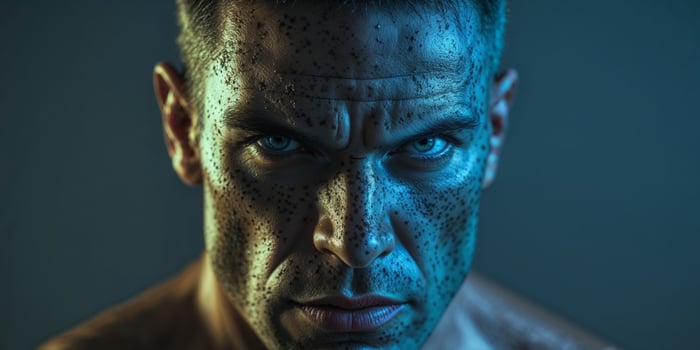 Intense Man with Speckled Face in Blue Light. photo