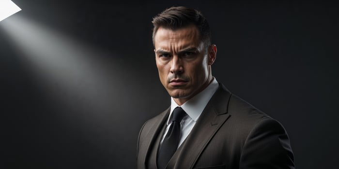 Confident Man in a Dark Studio Setting with a Serious Expression. photo