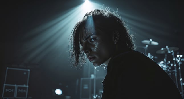 A woman in black standing in front of a spotlight photo