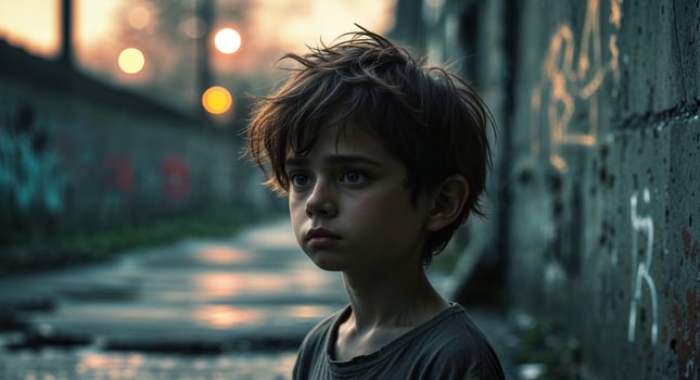 A young boy is standing in an alley photo