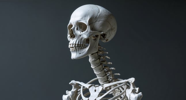 A human skeleton is shown in front of a black background photo