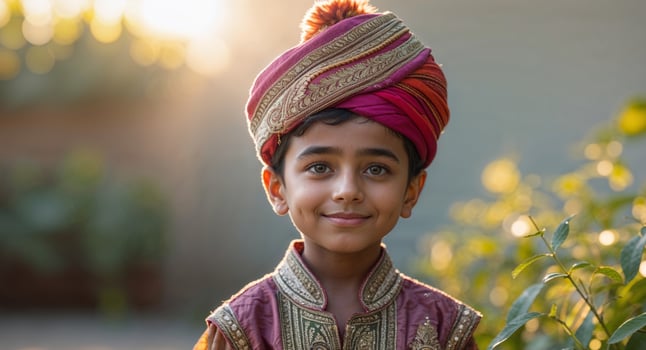 Young boy in ornate traditional attire poses outdoors in bright daylight. photo