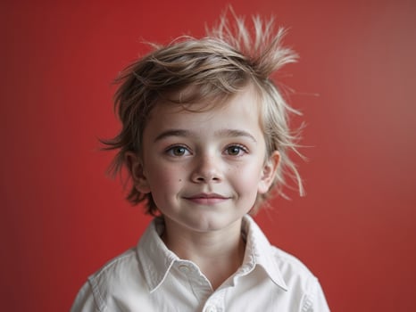 A young boy with a messy hair and a white shirt photo