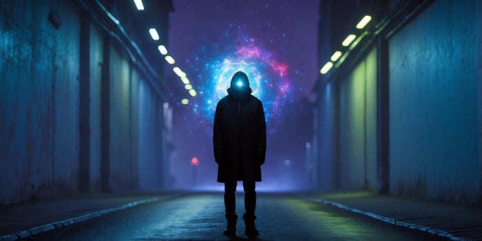 A person standing in an alley with a glowing head photo
