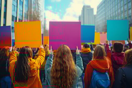 Diverse teens advocate for equal rights with colorful signs in urban protest. photo