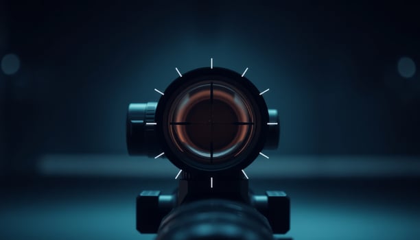Close Up View of a Rifle Scope Glowing Crosshairs at Night Dark Blue Background photo