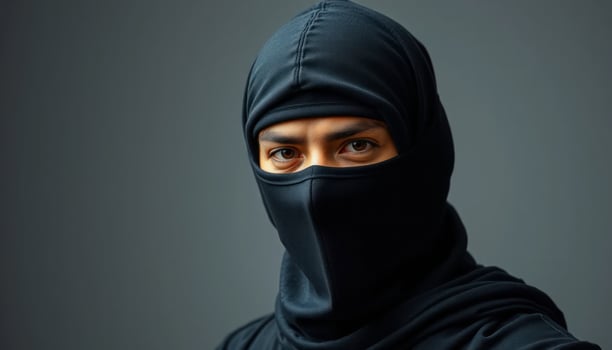 Close Up Portrait of a Person Wearing a Black Hood and Mask Against a Gray Background photo
