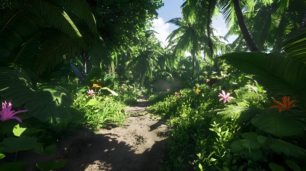 Lush tropical pathway inviting exploration amid verdant foliage and vibrant exotic flowers photo