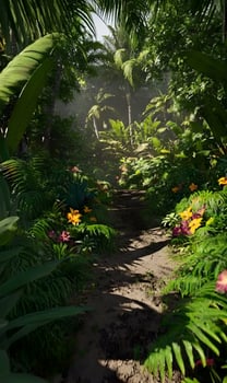 Immersive perspective through a vibrant jungle trail with abundant vegetation and warm sunlight shining photo