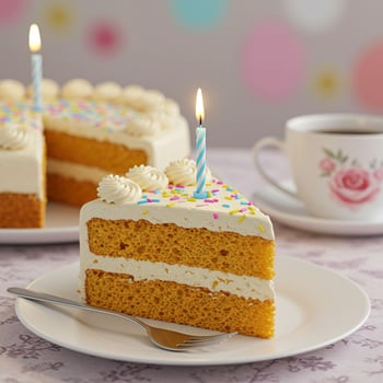 Delicious Birthday Cake Slice with Candle Sprinkles and Coffee photo
