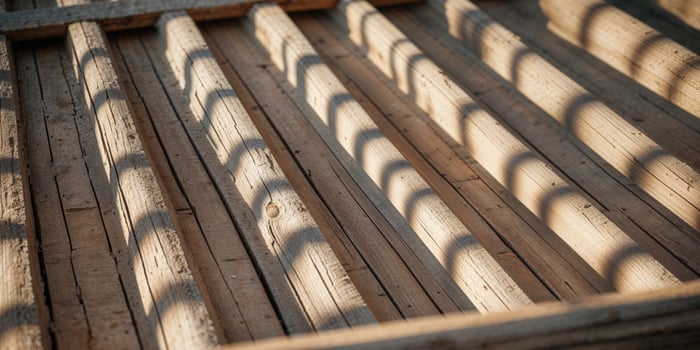 A close up of a wooden bed with shadows photo