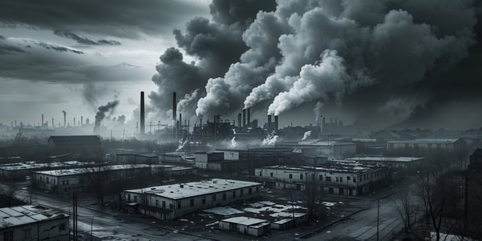 A black and white photo of a factory with smoke coming out of it