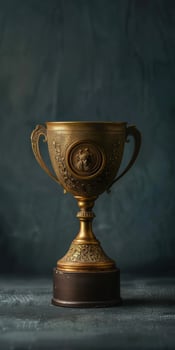 Elegant Vintage Brass Trophy with Intricate Designs on Dark Background photo