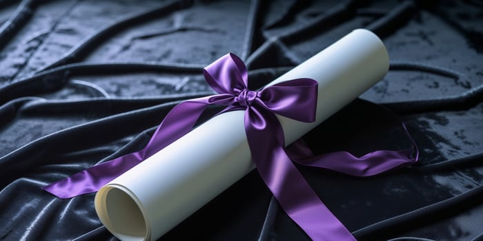 A diploma with purple ribbon and a bow photo