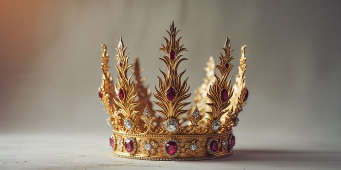 A golden crown with red stones on top photo