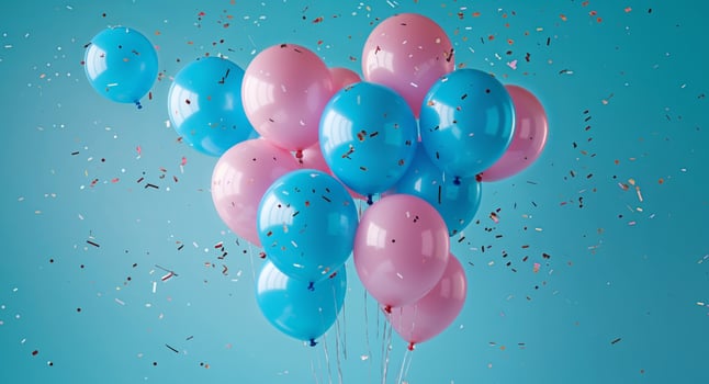 Blue And Pink Balloons With Confetti On Turquoise Background photo