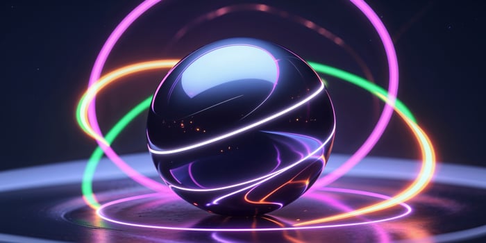 A black sphere with neon lights around it photo