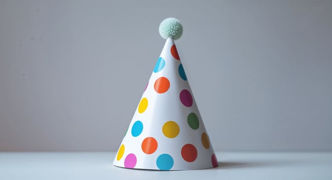 White party hat with colorful polka dots. photo